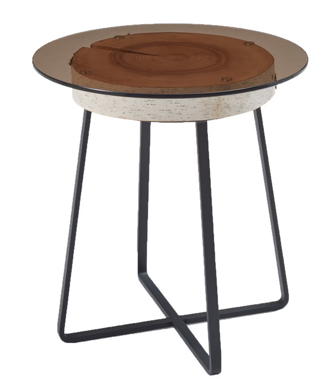 Beistelltisch Naturstücke 1009 Metallgestell, Glasplatte und Birken-Holzscheibe