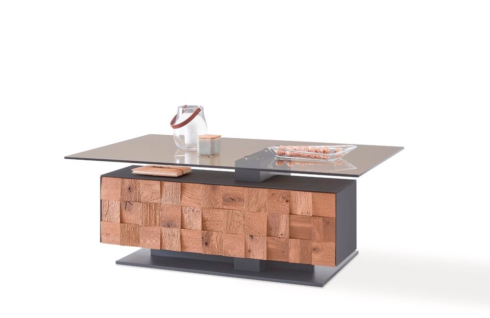 LIV Couchtisch 1406B Glasplatte Parsolbronze Kerneiche Umato / Mattglas Blau
