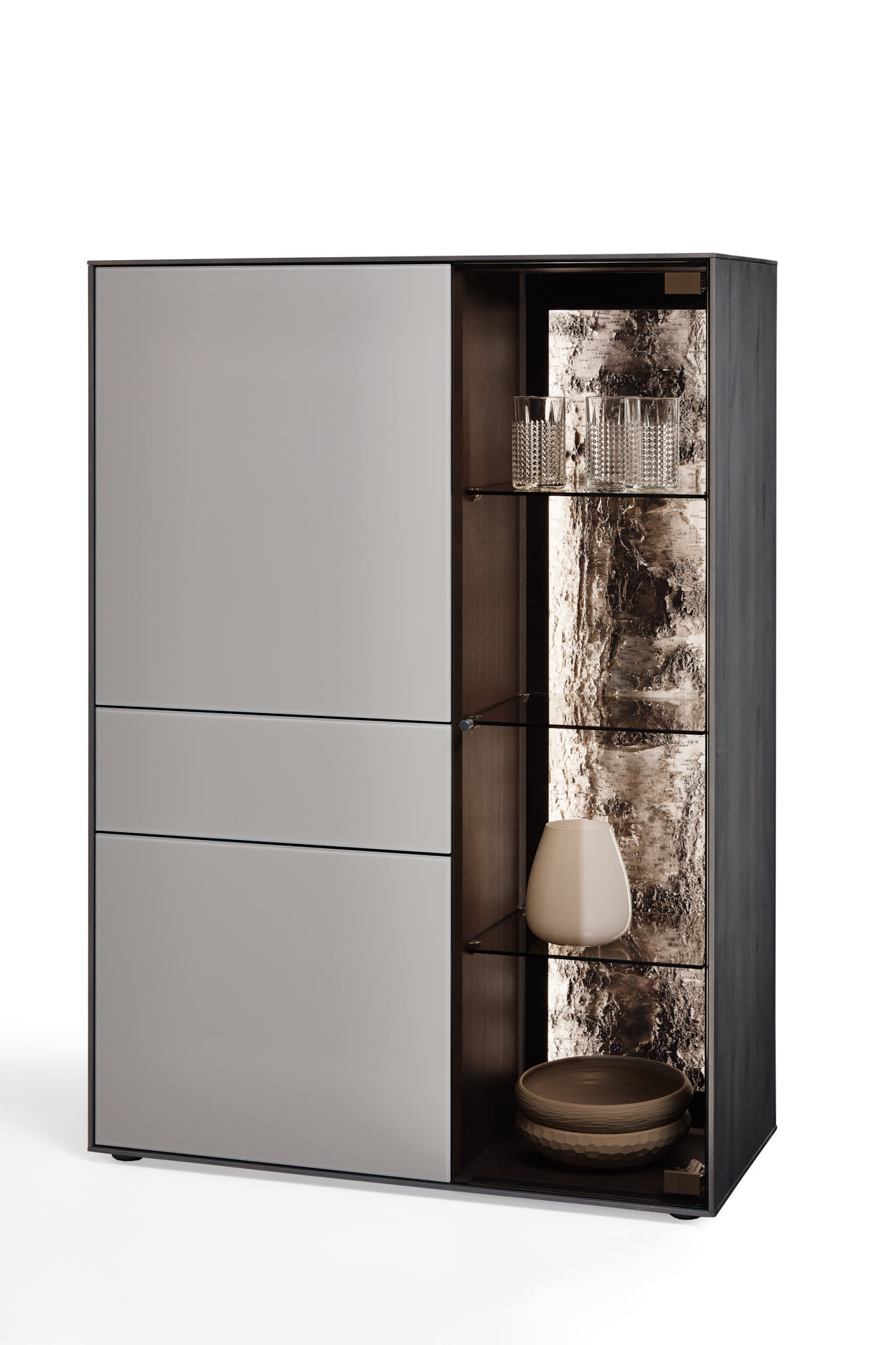 ALVA  Highboard - Vitrine Kernbirke Harmaa Massiv,  3110W - 7092